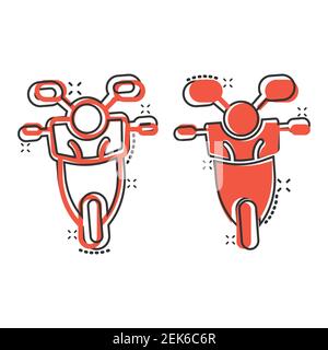 Icona moto in stile fumetto. Illustrazione vettoriale di scooter su sfondo bianco isolato. Concetto aziendale di effetto splash del veicolo ciclomotore. Illustrazione Vettoriale