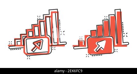 Icona di tendenza del mercato in stile comico. Freccia di crescita con immagine vettoriale a fumetti ingranditore su sfondo isolato bianco. Aumentare l'effetto di splash busine Illustrazione Vettoriale