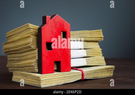 Piccola casa di legno come simbolo di bene immobile e di soldi come valore. Foto Stock