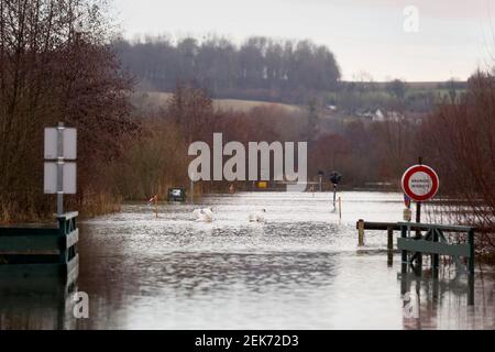 Record inondazioni fiume Canche, Hauts de France vicino montreuil sur Mer. Foto Stock