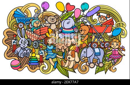 Cartoon carino doodles bambini giocattoli illustrazione Foto Stock