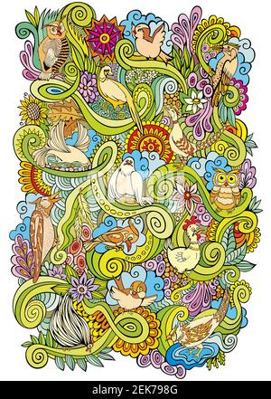 Illustrazione di doble del giardino degli uccelli disegnati a mano Foto Stock