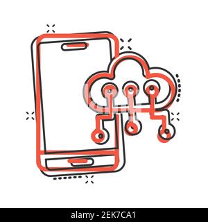 Smartphone con icona cloud in stile fumetto. Illustrazione vettoriale cartoon archiviazione rete telefonica su sfondo bianco isolato. Effetto splash backup online Illustrazione Vettoriale