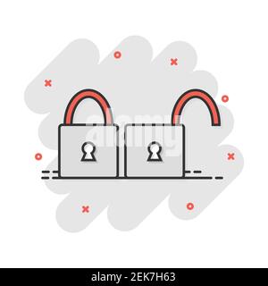 Cartoon icona a forma di lucchetto in stile fumetto. Bloccare, sbloccare illustrazione pittogramma. Locker segno splash concetto aziendale. Illustrazione Vettoriale