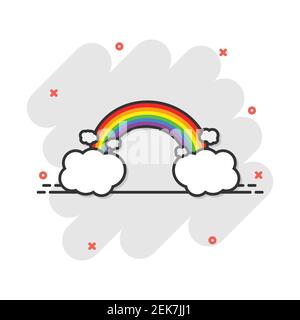 Cartoon arcobaleno colorato con le nuvole icona in stile fumetto. Meteo illustrazione pittogramma. Segno Rainbow splash concetto aziendale. Illustrazione Vettoriale