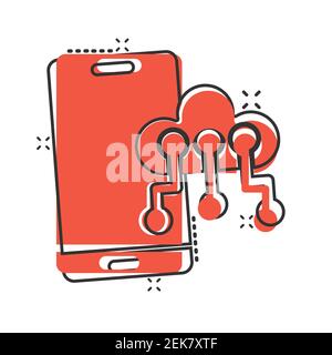 Smartphone con icona cloud in stile fumetto. Illustrazione vettoriale cartoon archiviazione rete telefonica su sfondo bianco isolato. Effetto splash backup online Illustrazione Vettoriale