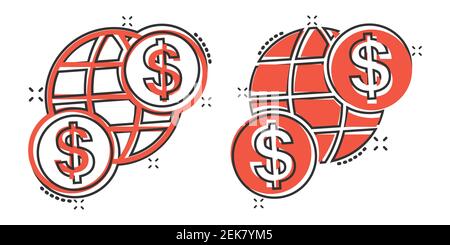 Icona globale del business in stile fumetto. Illustrazione vettoriale cartoon transazioni di denaro su sfondo bianco isolato. Effetto splash di sicurezza della fattura di banconote Illustrazione Vettoriale