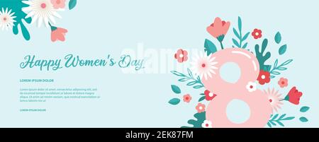 Banner di saluto o modello di cartolina per la giornata mondiale delle donne. Happy Womens Day card con fiori . Moderna illustrazione floreale vettoriale per l'8 marzo Illustrazione Vettoriale