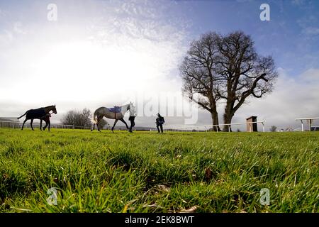 Una vista generale mentre i corridori si fanno strada dalle scuderie al ring della parata all'Ippodromo di Taunton. Data immagine: Martedì 23 febbraio 2021. Foto Stock