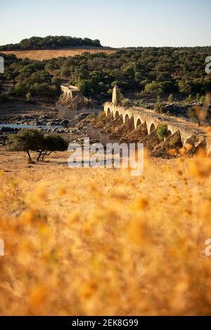 Distrutto ponte abbandonato Ajuda che attraversa il fiume Guadiana tra la Spagna E Portogallo Foto Stock