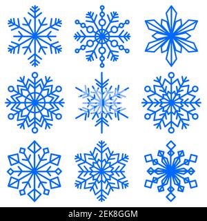 set di fiocchi di neve di forme diverse. Raccolta di immagini decorative di fiocchi di neve. Illustrazione vettoriale. Illustrazione Vettoriale