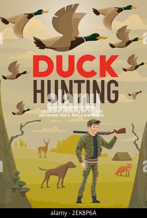 Sport di caccia all'anatra disegno vettoriale di cacciatore con pistola, cane, animali selvatici e uccelli. Cacciatore con fucile o fucile su spalla, oca, cervo e volpe con Illustrazione Vettoriale