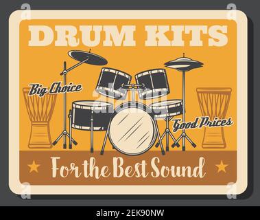 Drum kit, musica rock percussione strumento disegno vettoriale. Set professionale di tamburi di lumare e bassi, da pavimento, medi e alti, cembalo di cappello e schianto Illustrazione Vettoriale