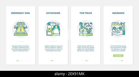 Servizio auto, illustrazione vettoriale supporto di emergenza. UX, UI onboarding mobile app page set con assicurazione di linea auto, traino auto veicolo con camion, simboli di avvertenza antincendio Illustrazione Vettoriale