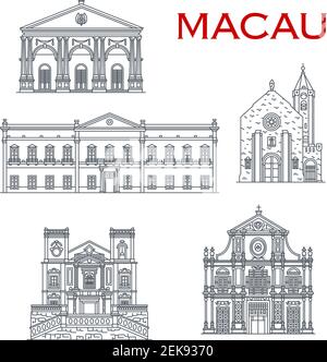 Simbolo del viaggio cinese icone vettoriali con architettura asiatica di Macao. Penha, Dom Pedro Theatre e Leal Senado Building, St Lawrence e St Do Illustrazione Vettoriale