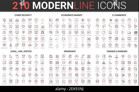 180 icone moderne di linea sottile rosso nero insieme di legale, diritto e giustizia, assicurazioni, finanza bancaria, sicurezza informatica, mercato economico, e commerce raccolta illustrazione vettoriale. Illustrazione Vettoriale