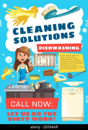 Servizio di pulizia disegno vettoriale di lavori di pulizia della casa, lavanderia e piatti di lavaggio. Donna lavastoviglie pulizia utensili da cucina, piatti e tazze con d Illustrazione Vettoriale