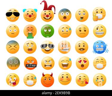 Set di vettori emoji smiley. Icona gialla Smileys in espressioni facciali divertenti, malate, vertiginose e fredde isolate su sfondo bianco per la raccolta di emoticon. Illustrazione Vettoriale