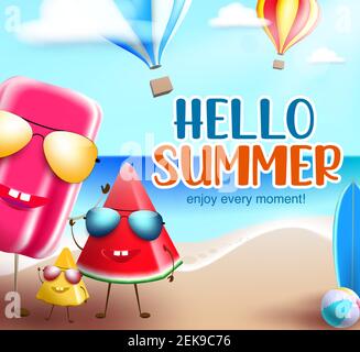 Ciao sfondo banner vettoriale caratteri estivi. Ciao estate testo con divertente e amichevole pop e frutta carattere per godere stagione tropicale. Illustrazione Vettoriale