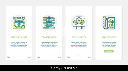 Ricambi auto, servizio di riparazione per trasporto automobilistico o illustrazione vettoriale per negozi. UX, UI onboarding mobile app page set con trasmissione del veicolo in linea, ruota dell'auto, tachimetro equipaggiamento cruscotto Illustrazione Vettoriale