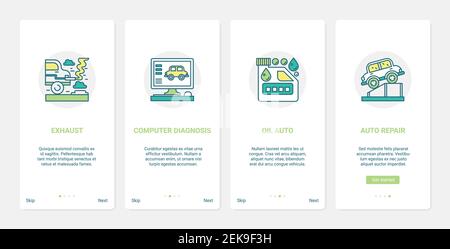 Illustrazione del vettore del servizio di riparazione del garage del veicolo. UX, UI onboarding mobile app page set con test di linea computer diagnostica, moderna riparazione assistenza remota per il trasporto automobilistico simbolo Illustrazione Vettoriale