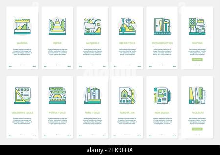 Costruzione, ricostruzione, riparazione di strade e edifici, illustrazione vettoriale di nuovo design moderno. UX, UI onboarding mobile app page set con strumenti line-hand per worker toolbox, apparecchiature elettriche Illustrazione Vettoriale