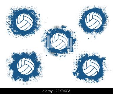 Palline da pallavolo grunge icone vettoriali con equipaggiamento di gioco sportivo blu halftone. Oggetti sportivi del giocatore di squadra simboli isolati. Emblema del club sportivo, badge An Illustrazione Vettoriale