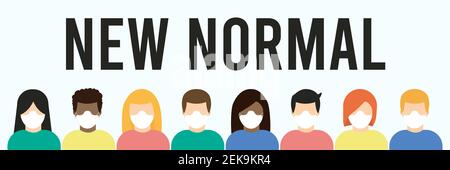 Uomini e donne che indossano maschere mediche in piedi insieme. Gruppo di persone che indossa maschere chirurgiche per la prevenzione e la sicurezza. Prevenire malattie, influenza, virus. Nuovo Illustrazione Vettoriale