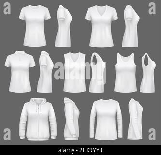 Donna abiti mockups di t-shirt, canotte sportive top o sportswear felpe con cappuccio. Vector abbigliamento donna bianco e polo casual o camicia senza maniche realisti Illustrazione Vettoriale
