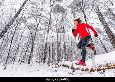 Giovane atleta che salta sopra l'albero caduto coperto di neve dentro foresta Foto Stock