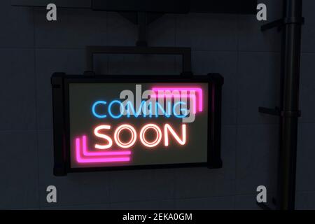 Illuminato in arrivo segno sulla parete nera Foto Stock