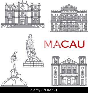 Icone della facciata della linea architettonica di Macao, famosi edifici religiosi e storici. Vector St Joseph Church, A-ma Goddess e Kun IAM statue, Natività Illustrazione Vettoriale