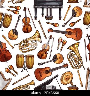 Strumenti musicali sfondo a pattern senza interruzioni. Disegno vettoriale piano, maracas folcloristiche e chitarra o fonografo vintage o gramofono, orchestra trombone an Illustrazione Vettoriale