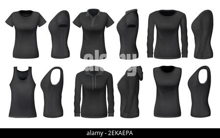 Abiti da donna e abbigliamento sportivo mockups di t-shirt, canotte sportive e felpe con cappuccio. Vector black womenswear polo casual o realista camicia senza maniche Illustrazione Vettoriale