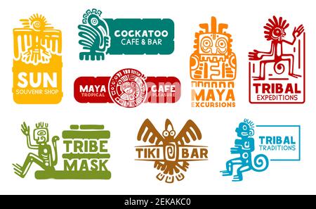 Icone di identità aziendale di Maya e Aztec. Vector Maya e Aztec simboli, negozio di souvenir o bar di cibo e caffè e Messico storico viaggio viaggio delle Cime Illustrazione Vettoriale