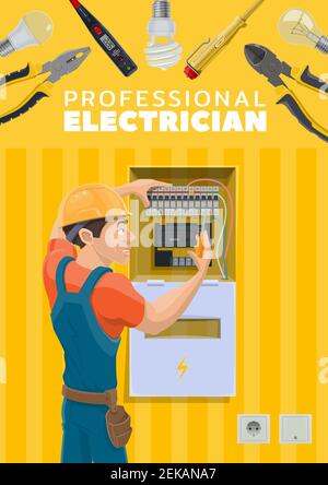 Professione di elettricista o riparatore elettrico e strumenti per la riparazione dell'elettricità. Cavi elettrici di alimentazione vettoriali e cavi di energia nel commutatore, tester di tensione a. Illustrazione Vettoriale