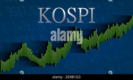 Il Korea Composite Stock Price Index (KOSPI) continua a crescere. Il grafico a barre verde ascendente su sfondo blu con il titolo in argento indica... Foto Stock