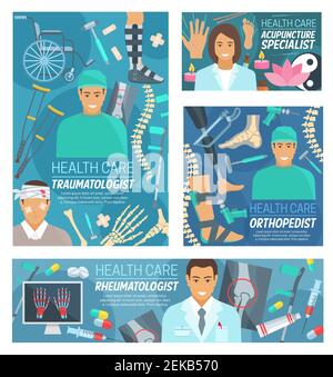 Traumatologia, reumatologia, chirurgia ortopedica e agopuntura medici banner vettoriali. Traumatologo, reumatologo, ortopedista e aupun Illustrazione Vettoriale