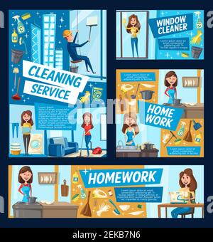 Servizio di pulizia della casa e di lavaggio dei piatti o dell'ago, pulizia delle finestre dell'ufficio, accesso professionale alla fune. Vector lavaggio domestico di lavanderia, pavimento che puliscono a. Illustrazione Vettoriale