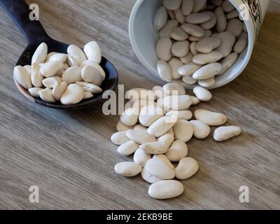 I fagioli cannellini fuoriescono dal contenitore adagiato su una superficie di legno Foto Stock