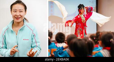 (210223) -- URUMQI, 23 febbraio 2021 (Xinhua) -- Combo mostra He Nina, una giovane artista folk dell'opera, che pratica i movimenti dell'opera (L) e si esibisce per gli studenti della scuola primaria (R) a Urumqi, regione autonoma di Xinjiang Uygur, 25 aprile 2019. Secondo il rapporto di lavoro del governo locale, l'economia di Xinjiang si espanse del 3.4% su base annua nel 2020, 1.1 punti percentuali in più rispetto alla crescita economica nazionale. Con un nuovo accesso alle opportunità di istruzione e occupazione, le persone nello Xinjiang stanno costruendo un nuovo domani per una vita migliore per se stesse con il passare del tempo. (XI Foto Stock