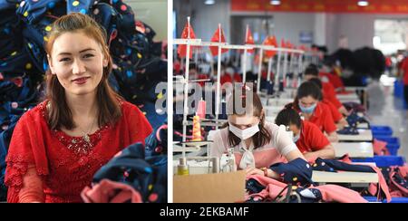 (210223) -- URUMQI, 23 febbraio 2021 (Xinhua) -- Combo foto mostra Rushengul Usmann lavorando in una fabbrica di abbigliamento, che fornisce oltre 100 posti di lavoro per gli abitanti locali, il 23 maggio 2020 (L) e il 21 maggio 2020 (R) nella contea di Shache di Kaxgar, regione autonoma di Xinjiang Uygur, nella Cina nord-occidentale. Secondo il rapporto di lavoro del governo locale, l'economia di Xinjiang si espanse del 3.4% su base annua nel 2020, 1.1 punti percentuali in più rispetto alla crescita economica nazionale. Con un nuovo accesso alle opportunità di istruzione e occupazione, le persone nello Xinjiang stanno costruendo un nuovo domani per una vita migliore per il tema Foto Stock