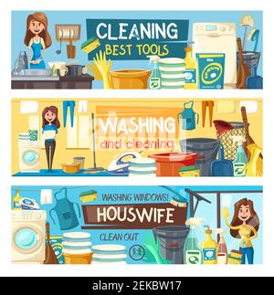 Pulizie domestiche e banner servizio casalinga. Servizio di lavanderia Vector House, lavastoviglie o pulizia del pavimento e servizio di pulizia della cucina, pulizia professionale, Illustrazione Vettoriale