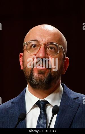 Il presidente del Consiglio europeo Charles Michel ha visto durante la conferenza stampa. Vertice dei Capi di Governo del Gruppo di Visegrad (V4) sugli ocasi Foto Stock