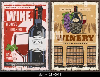 Enologia casa e vino Grand Reserve volta poster vintage. Azienda vinicola Vector, barili in legno e bicchiere di vino rosso, foglia d'uva da vigneto Illustrazione Vettoriale