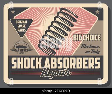 Poster retrò dell'ammortizzatore per auto del servizio di riparazione e dei pezzi di ricambio per autoveicoli design vettoriale. Molla a spirale dello smorzatore per automobili, meccanico e h Illustrazione Vettoriale