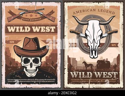 Manifesto d'epoca Wild West American Western. Cranio scheletro vettoriale in cappello da cowboy, fucile da caccia bandito e lazo selvatico, ruota del carro occidentale Illustrazione Vettoriale