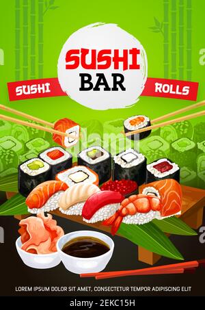 Menu' di sushi bar, cucina Giapponese e ristorante di pesce Asiatico. Sushi giapponese vettoriale e panini maki con wasabi, bastoncini di soia e bambù, una anguilla Illustrazione Vettoriale