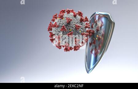 coronavirus covid-19 contro uno schermo metallico che serve da protezione. rendering 3d. Foto Stock