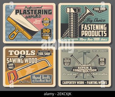 Poster retrò per la riparazione e la costruzione di case con strumenti a mano vettoriali di carpenteria, pittura e intonacatura. Martello, chiodi e spatola, sega, vite Illustrazione Vettoriale
